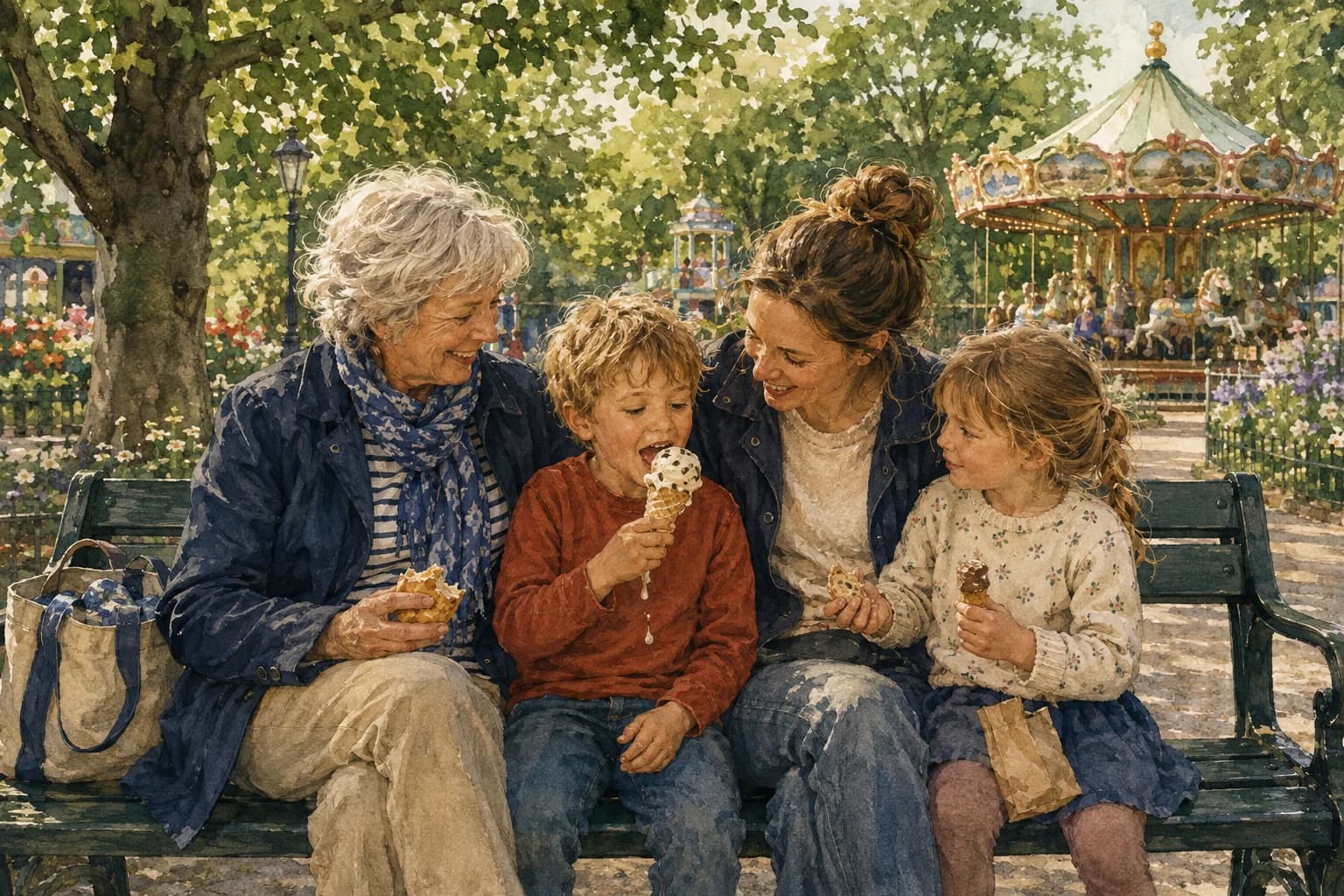 Akvarelillustration af en familie med bedstemor, der holder en ispause i en forlystelsespark