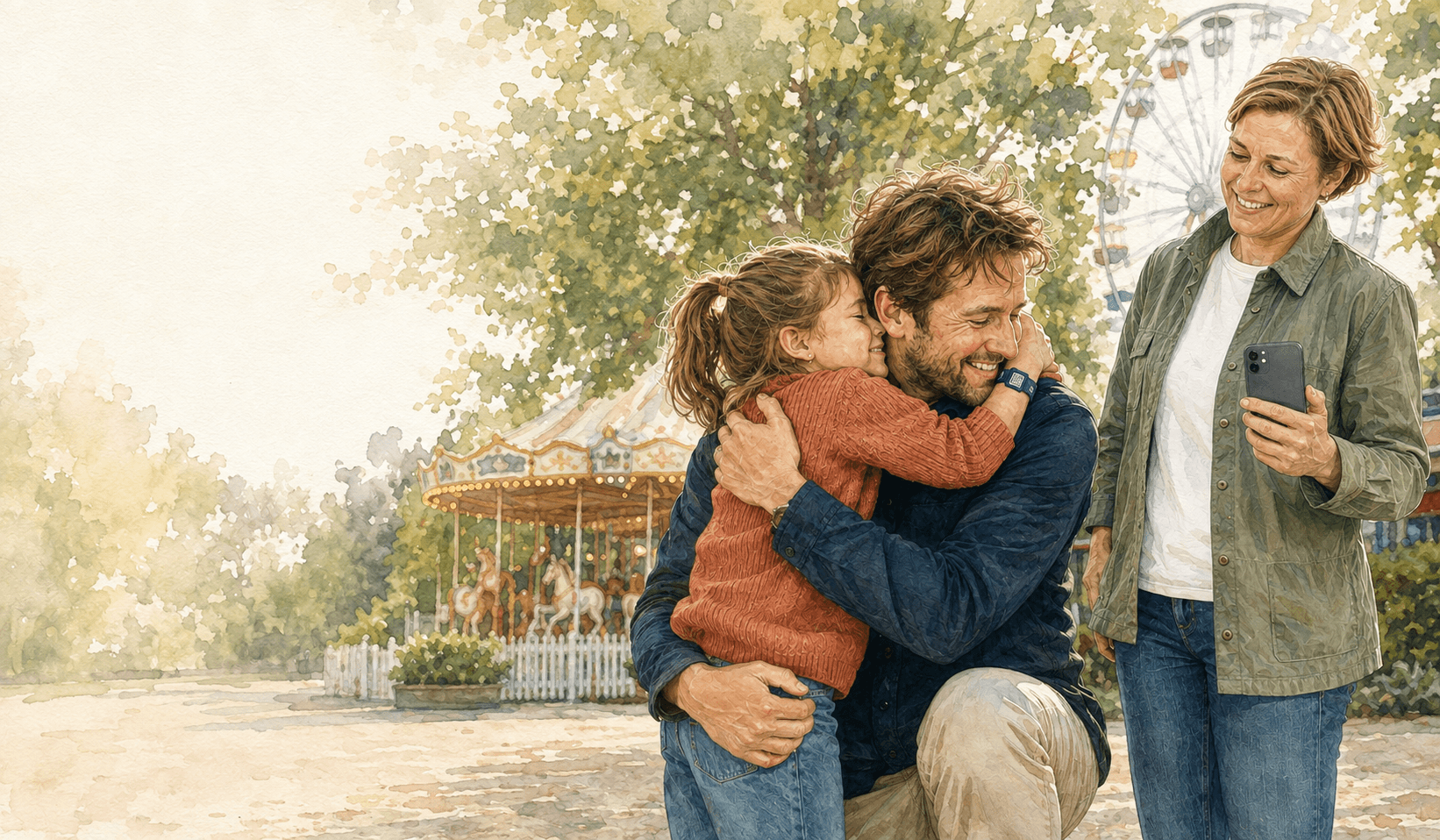 Illustration af et barn, der bliver genforenet med sin far