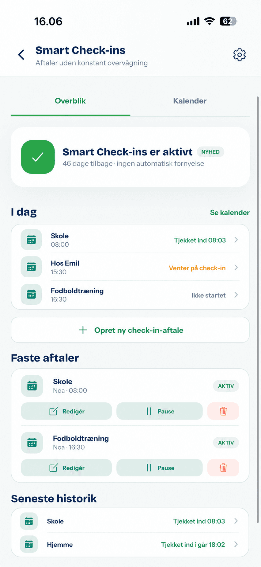 Nearvi Smart Check-ins med dagens aftaler, faste aftaler og den seneste historik