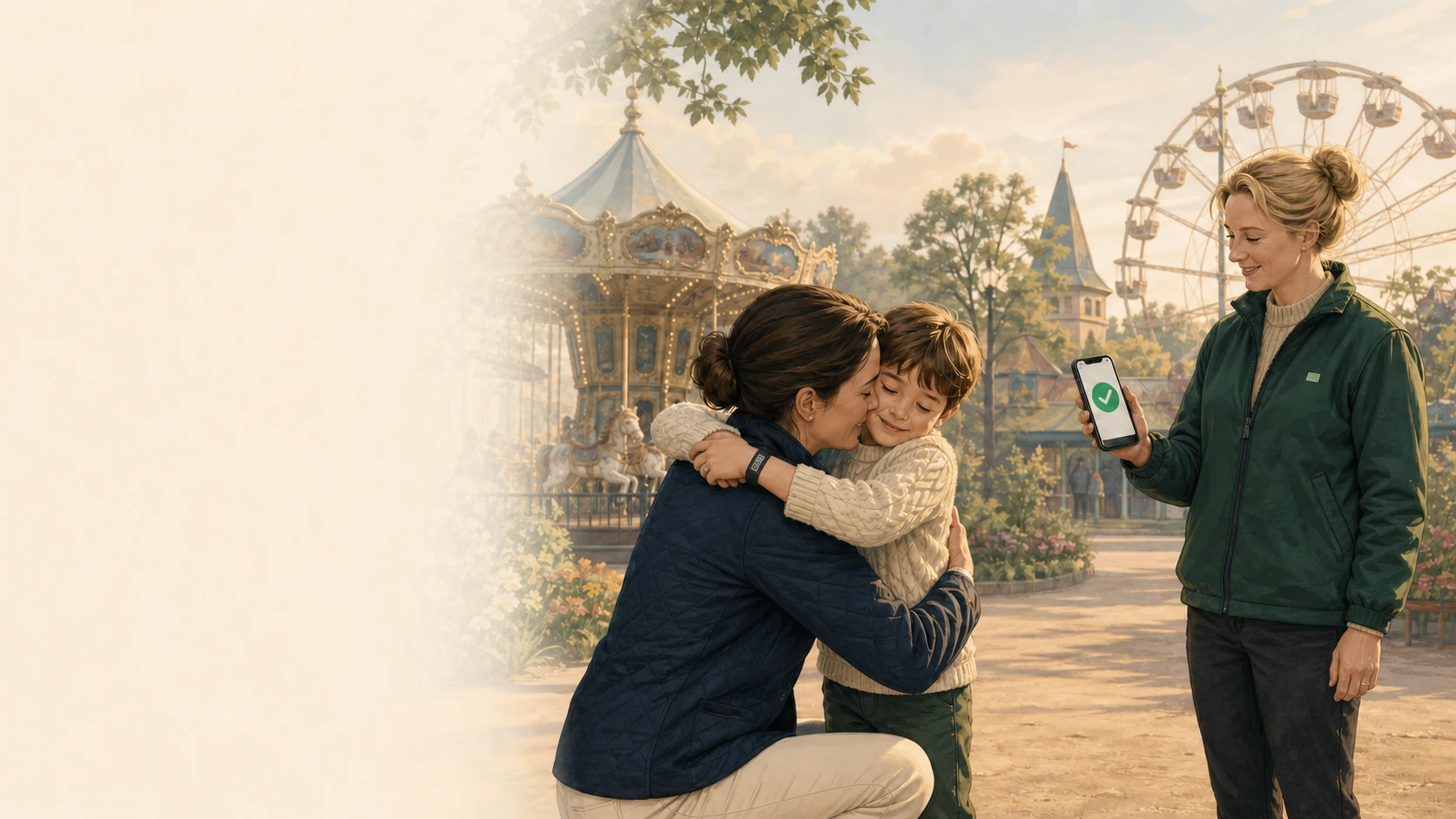 Illustration af et barn, der er blevet genforenet med sin familie i en forlystelsespark